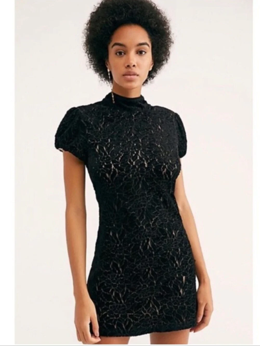 Free People Black Velvet Lace Open Back Mini Dress Mock Neck Size 8 - Picture 10 of 11
